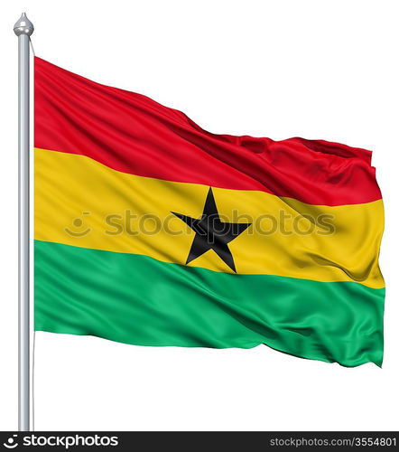 Flag of Ghana with flagpole waving in the wind against white background