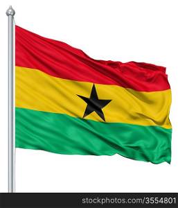 Flag of Ghana with flagpole waving in the wind against white background