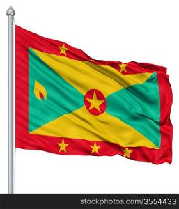 Flag of Grenada with flagpole waving in the wind against white background
