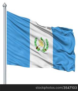 Flag of Guatemala with flagpole waving in the wind against white background