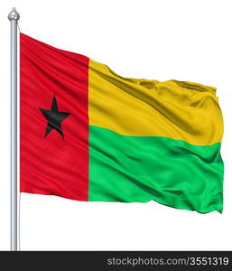 Flag of Guinea-Bissau with flagpole waving in the wind against white background