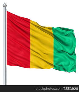 Flag of Guinea with flagpole waving in the wind against white background