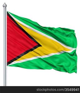 Flag of Guyana with flagpole waving in the wind against white background