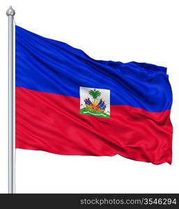 Flag of Haiti with flagpole waving in the wind against white background