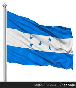 Flag of Honduras with flagpole waving in the wind against white background
