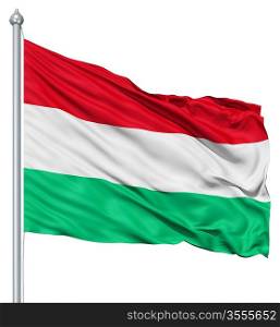 Flag of Hungary with flagpole waving in the wind against white background