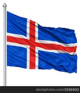 Flag of Iceland with flagpole waving in the wind against white background