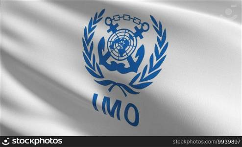 Flag of IMO or International Maritime Organization. 3D rendering illustration of waving sign symbol.