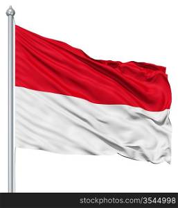 Flag of Indonesia with flagpole waving in the wind against white background