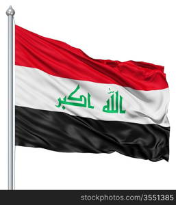 Flag of Iraq with flagpole waving in the wind against white background