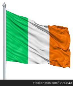 Flag of Ireland with flagpole waving in the wind against white background