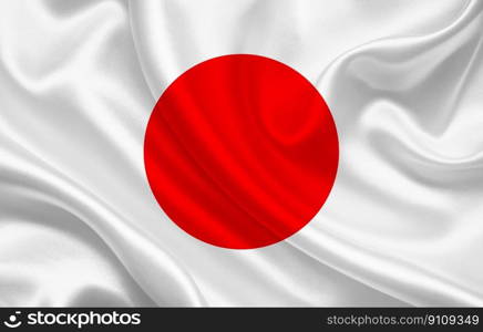Flag of Japan country on wavy silk fabric background panorama - illustration. Flag of Japan country on wavy silk fabric background panorama