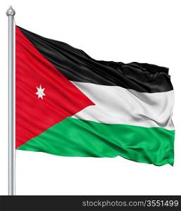 Flag of Jordan with flagpole waving in the wind against white background