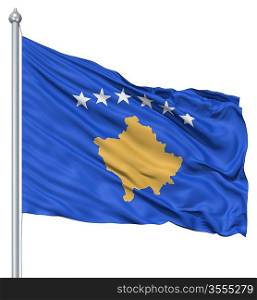 Flag of Kosovo with flagpole waving in the wind against white background