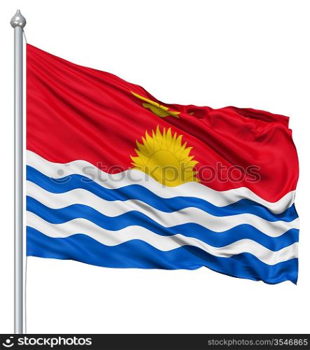 Flag of Kribati with flagpole waving in the wind against white background