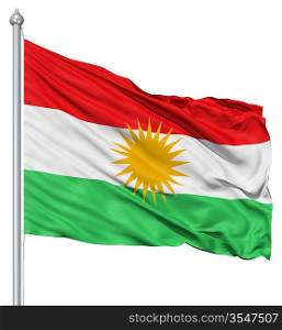 Flag of Kurdistan with flagpole waving in the wind against white background
