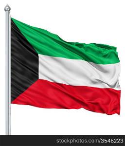 Flag of Kuwait with flagpole waving in the wind against white background