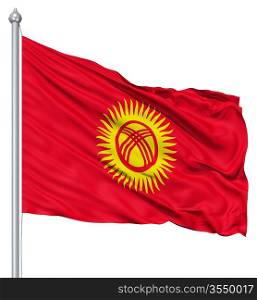 Flag of Kyrgyzstan with flagpole waving in the wind against white background