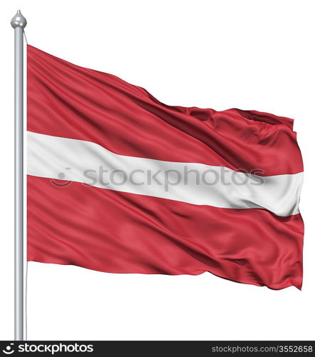 Flag of Latvia with flagpole waving in the wind against white background