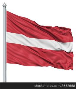 Flag of Latvia with flagpole waving in the wind against white background