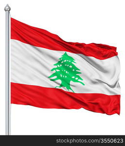 Flag of Lebanon with flagpole waving in the wind against white background