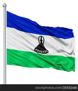 Flag of Lesotho with flagpole waving in the wind against white background