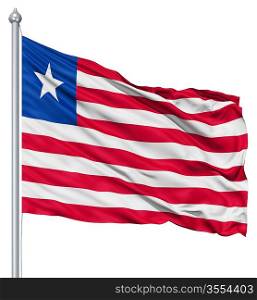 Flag of Liberia with flagpole waving in the wind against white background