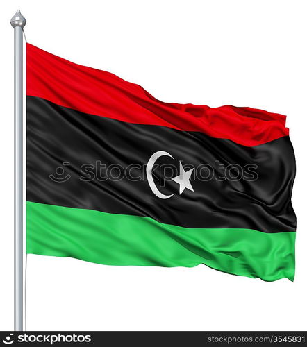 Flag of Libya with flagpole waving in the wind against white background