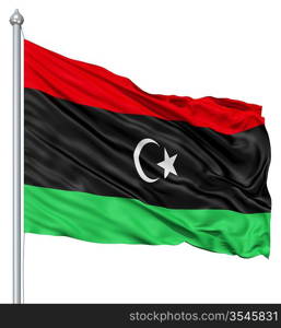 Flag of Libya with flagpole waving in the wind against white background