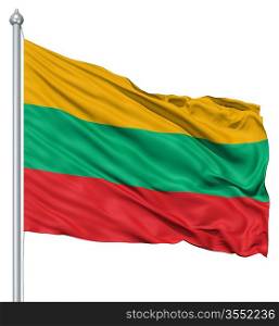 Flag of Lithuania with flagpole waving in the wind against white background