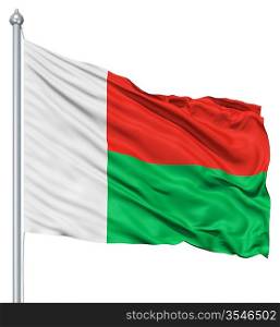 Flag of Madagascar with flagpole waving in the wind against white background