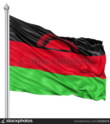 Flag of Malawi with flagpole waving in the wind against white background