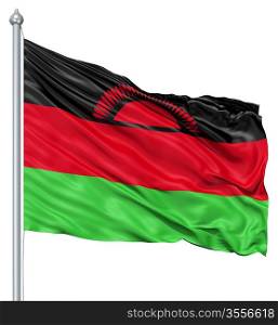 Flag of Malawi with flagpole waving in the wind against white background