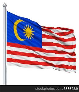 Flag of Malaysia with flagpole waving in the wind against white background