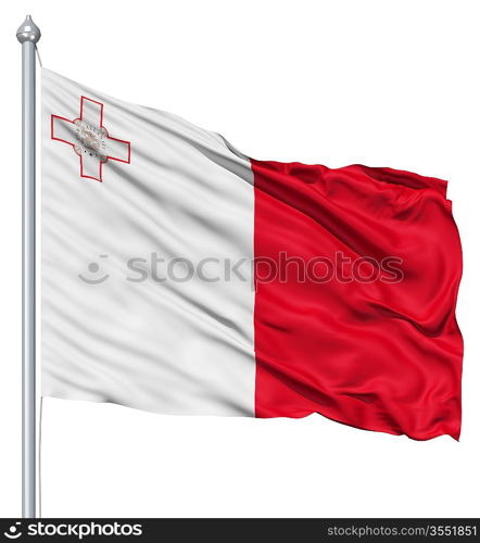 Flag of Malta with flagpole waving in the wind against white background