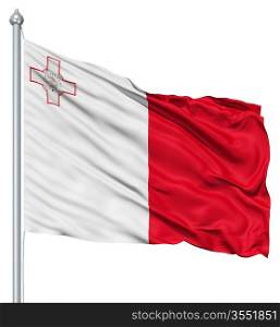 Flag of Malta with flagpole waving in the wind against white background
