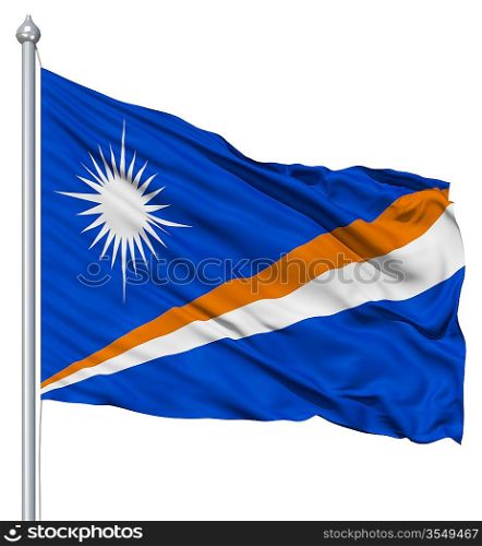Flag of Marshall Islands with flagpole waving in the wind against white background