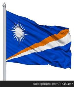 Flag of Marshall Islands with flagpole waving in the wind against white background