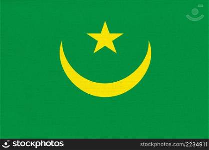 Flag of Mauritania. Mauritanian flag on fabric surface. Fabric Texture. National symbol. Islamic Republic of Mauritania. Flag of Mauritania. Fabric Texture. National symbol.