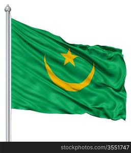 Flag of Mauritania with flagpole waving in the wind against white background