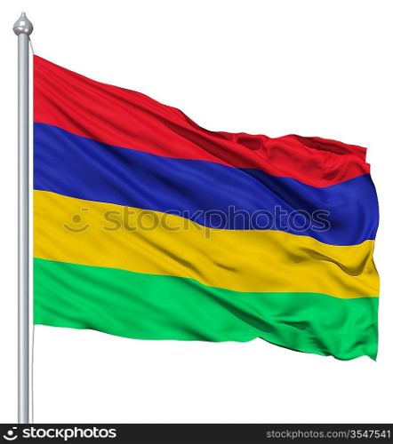 Flag of Mauritius with flagpole waving in the wind against white background