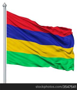 Flag of Mauritius with flagpole waving in the wind against white background