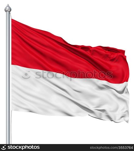 Flag of Monaco with flagpole waving in the wind against white background