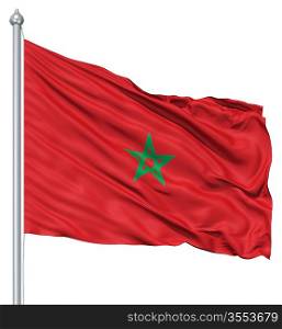 Flag of Morocco with flagpole waving in the wind against white background