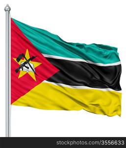 Flag of Mozambique with flagpole waving in the wind against white background