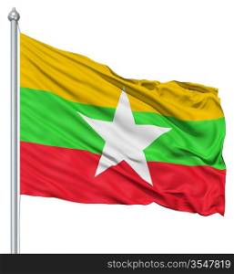 Flag of Myanmar with flagpole waving in the wind against white background