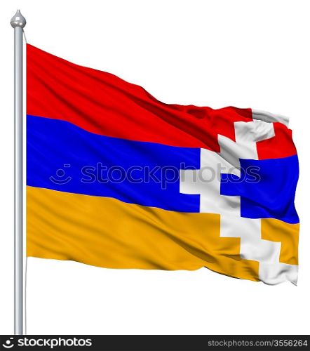 Flag of Nagorno-Karabakh with flagpole waving in the wind against white background