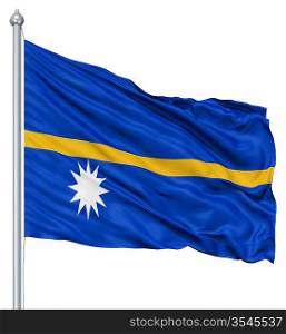 Flag of Nauru with flagpole waving in the wind against white background
