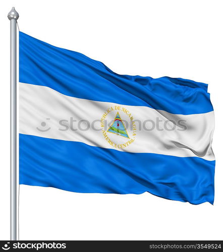 Flag of Nicaragua with flagpole waving in the wind against white background