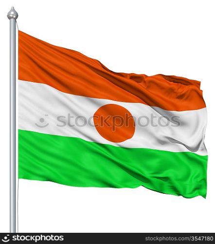Flag of Niger with flagpole waving in the wind against white background
